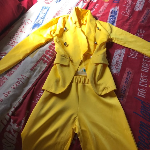 Women's Solid Color Two-piece Casual Blazer Jacket and Pants  Yellow XXS - Picture 12 of 16